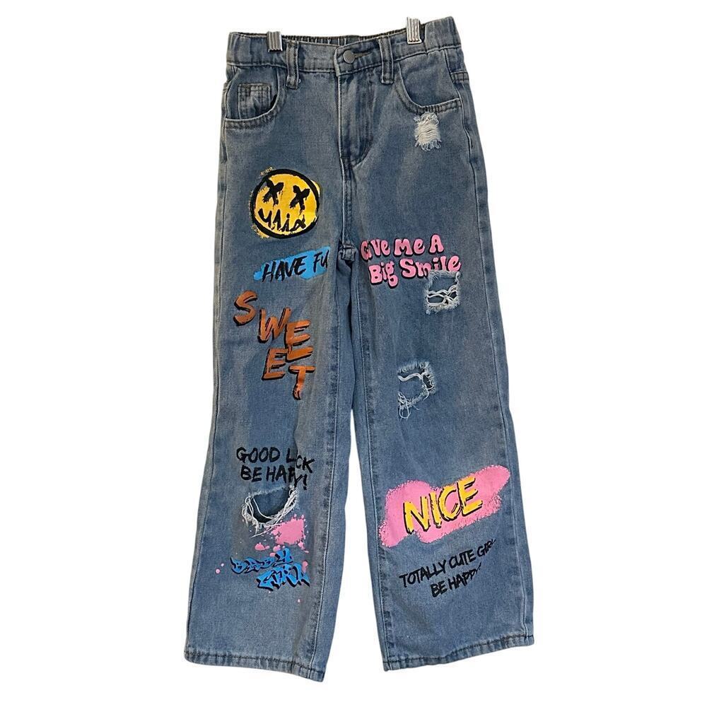 Shein Little Girls Jeans sz 8 Graffiti Jeans Wide Leg jeans